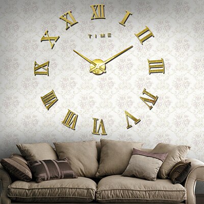 Modern Luxury 3D Wall Clock Big Size Home Decor DIY Large Roman Quartz Clocks Acrylic Mirror Wall Stickers: Gloden / 47 inch