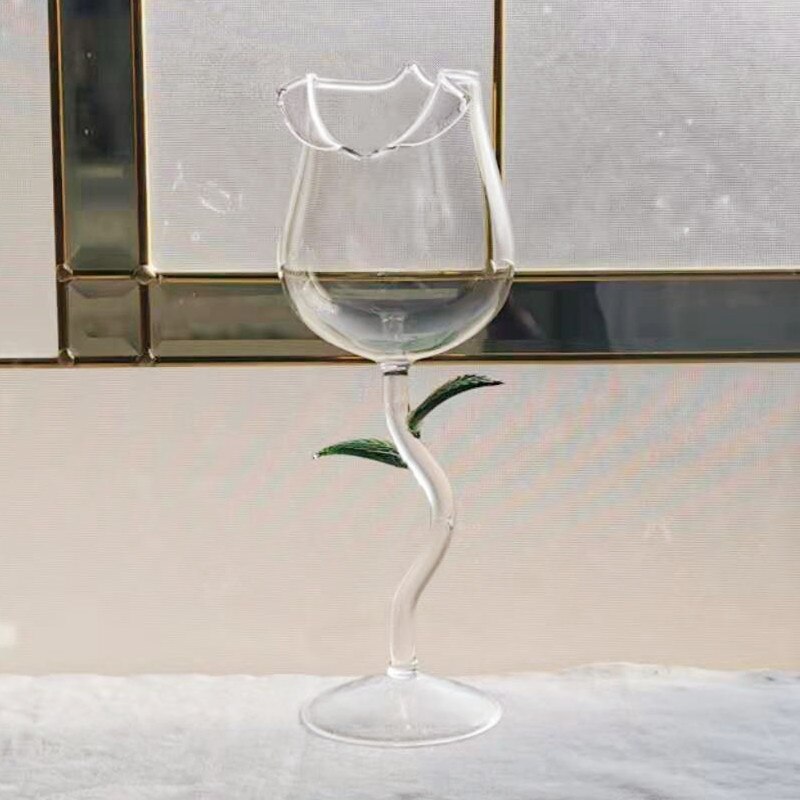 High Rose Shape Goblet Transparent Pink Rose with Leaves Wine Champagne Glasses Romantic Water Cups: 140ml green1pc