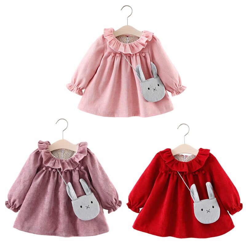 Primavera autunno bambino ragazza vestire abbigliamento per bambini puro cotone a maniche lunghe tinta unita tunica base abito da principessa borsa regalo gratuita