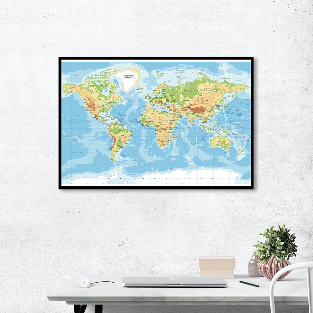 80*60cm The World Terrain Map Spray Canvas Painting Wall Art Poster School Supplies Living Room Home Decoration