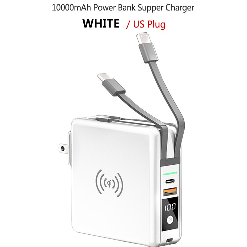 10000mah banco de potência portátil USB-C pd carga rápida 3.0 4.0 super carga plug 15w carregador sem fio para iphone xiaomi carregador rápido: US Plug White