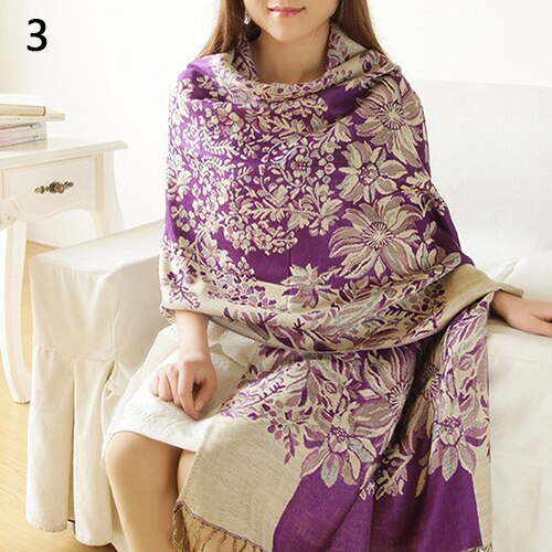Kvinders retro etniske stil blomstermønster kvaster lang varm vinter forår rejse sjal pashmina tørklæde stor: Lilla