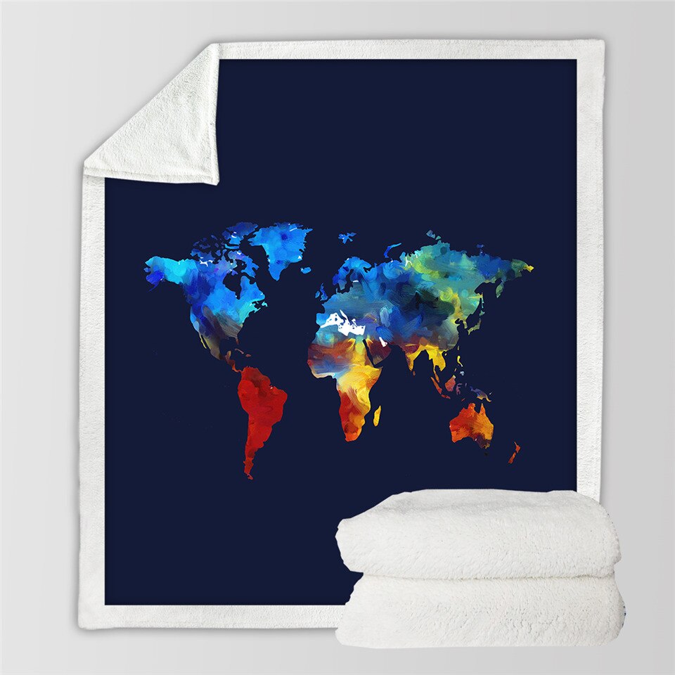 Sengetøjoutlet verdenskort sherpa-tæppe levende trykt blåt fleecetæppe til senge super blødt hyggeligt plys sengetæpper 130 x 150: Kort 9 / 150 cm x 200cm