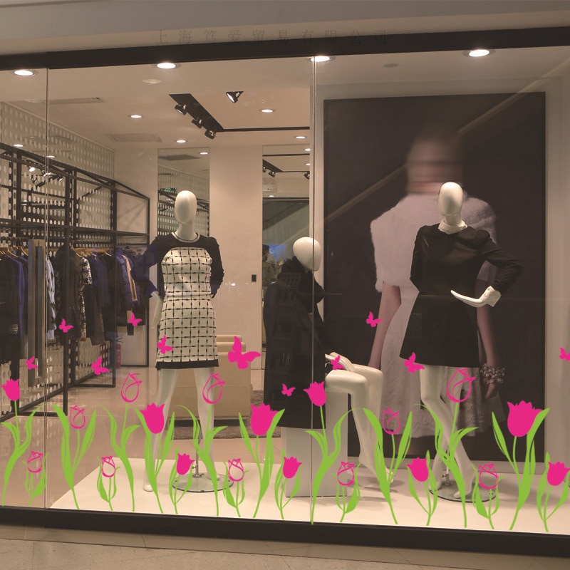 rose røde tulipaner blomster vindusklistremerker pvc-materiale sommerfugler gjør-det-selv-veggdekor til stue butikk glass vindu dekorasjon