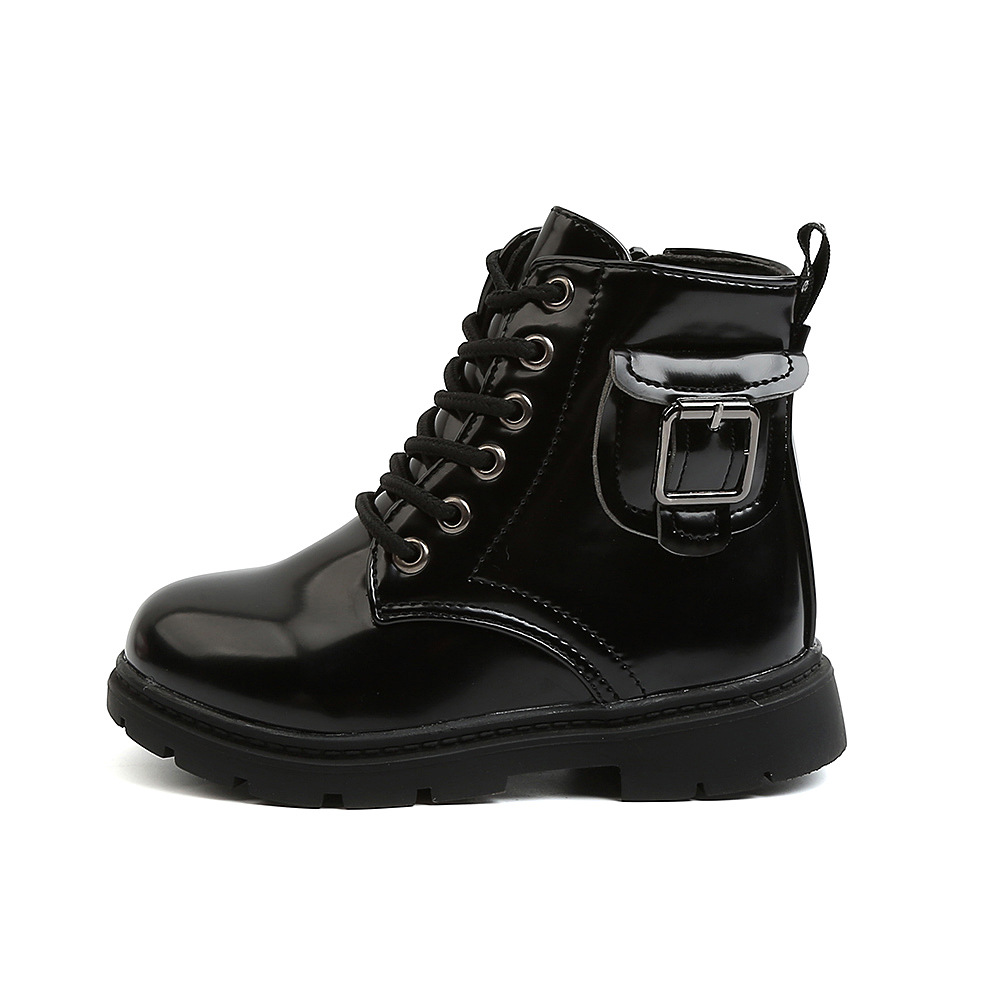 Novo 2021 fshion crianças martin botas de tornozelo rendas-up estilo britânico botas da motocicleta meninos meninas crianças sapato do bebê criança única bota: 641 Black / 25