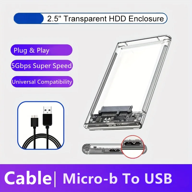 Transparent External Hard Drive Case 2.5 Inch HDD SSD Case Micro-B To USB3.1 4TB Drive Housing Compatible UASP SATA III Laptop: Gold