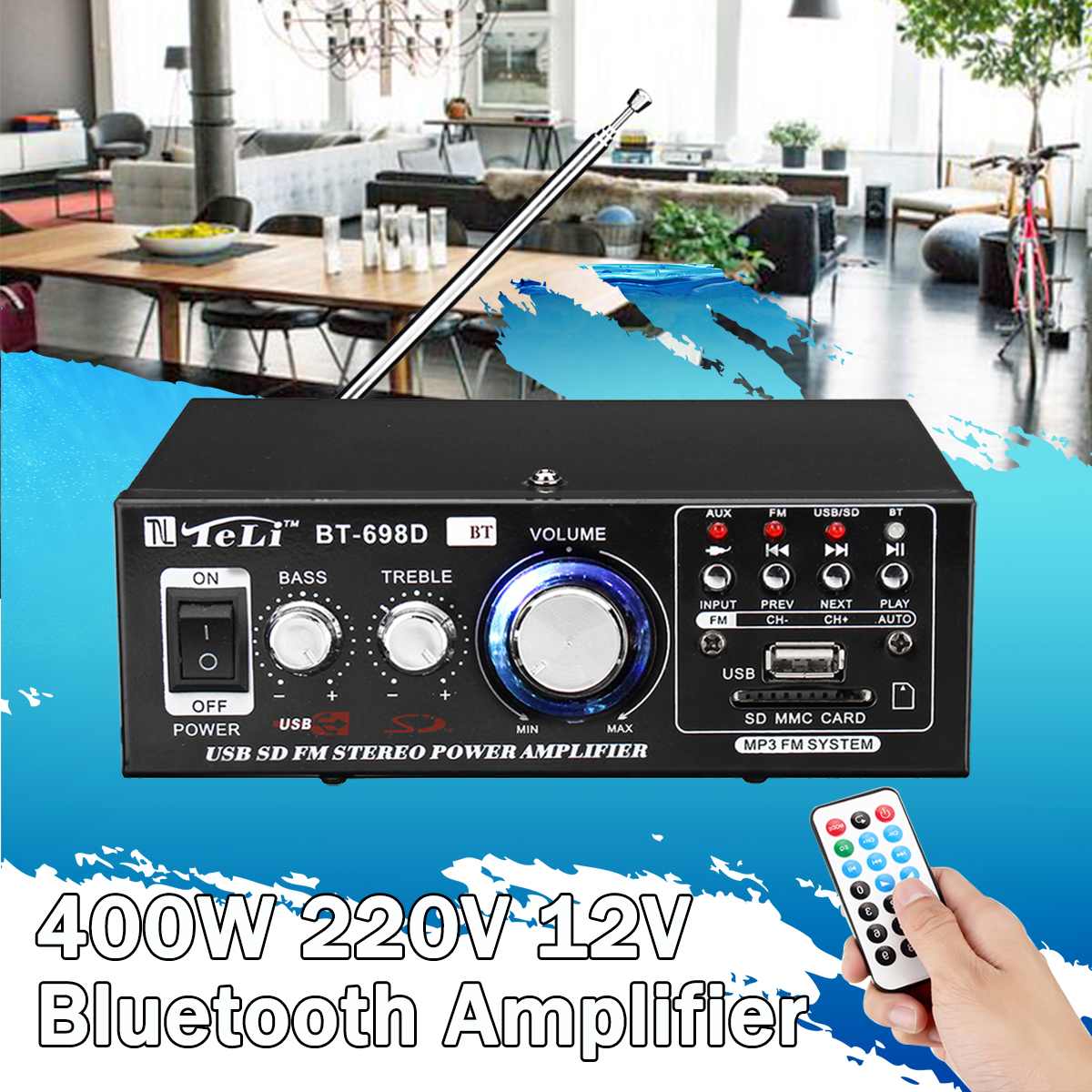 HIFI Bluetooth Car Audio Power Stereo Digital Amplifier Home USB SD FM Radio Subwoofer Equipment With Remote Control