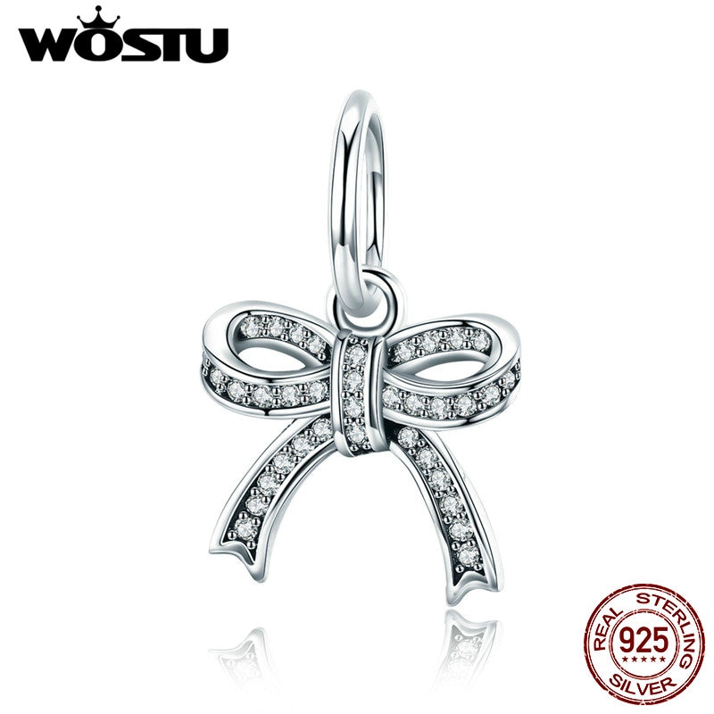 WOSTU Authentic 100% 925 Sterling Silver Bowknot Crystal CZ Pendant fit Original Bracelet Necklace Women Jewelry CQC775