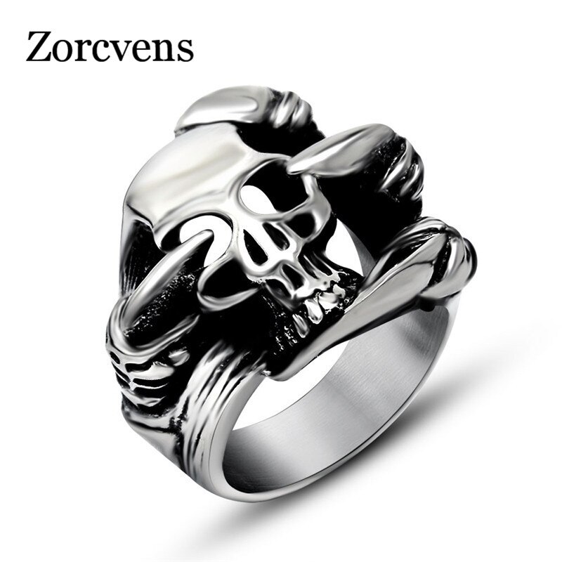 Zorcvens cool punk rustfrit stålringe til mænd trendy glat polering stor kraniet ring punk biker smykker