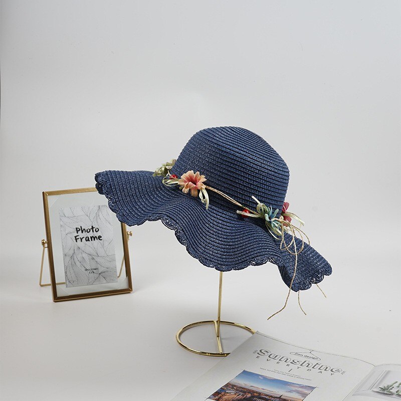Sombrero de paja con flores para madre e hija, sombrero flexible de ala ancha para playa, verano,: NAVY