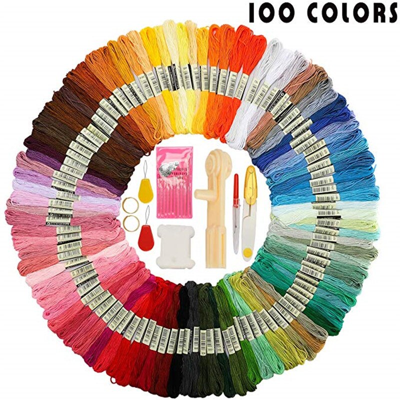 Kit de hilos de punto cruz 100 colores, brazalete de amistad, conjunto de cuerda bordada, Kit de hilos con bobinadora de hilo, accesorios de costura de bobina