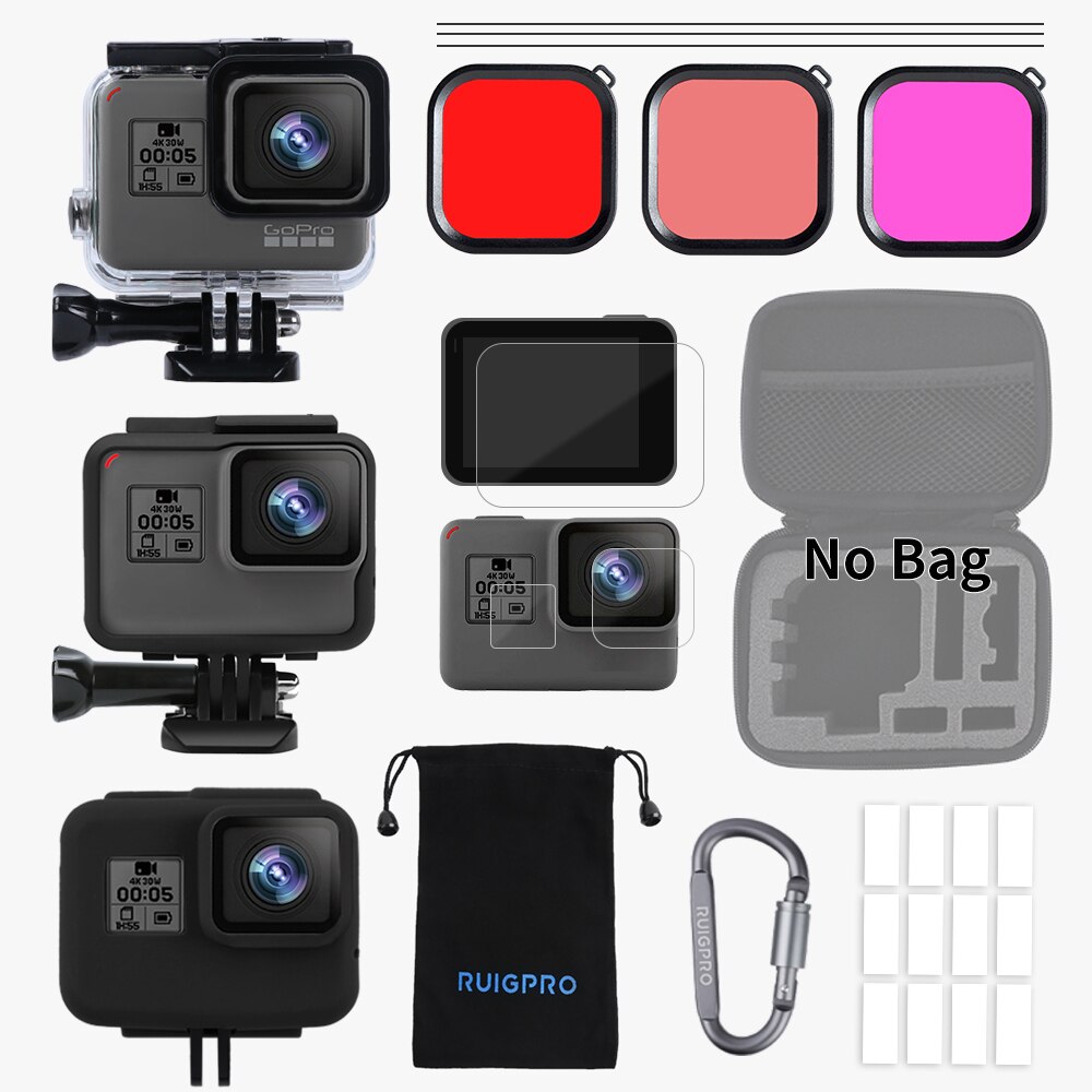 Para gopro acessórios conjunto go pro hero 7 6 5 kit caso eva filme temperado habitação à prova dwaterproof água filtro vermelho quadro silicone protetor: Set 5