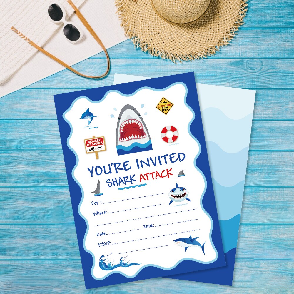 Cartoon Shark Birthday Party Invitations Cards Blue Sea Theme Invitation Kids Happy Birthday Party Favor Decorations ZZ008
