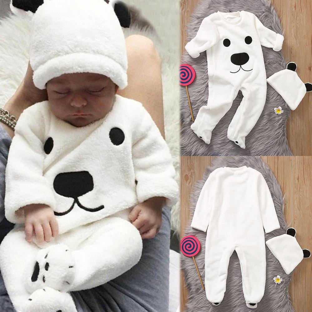 Baby Jongens Meisjes Romper Baby Pasgeboren Warme Winter Lange Mouwen Cartoon Beer Zachte Fleece Romper Jumpsuit + Hoed Sets