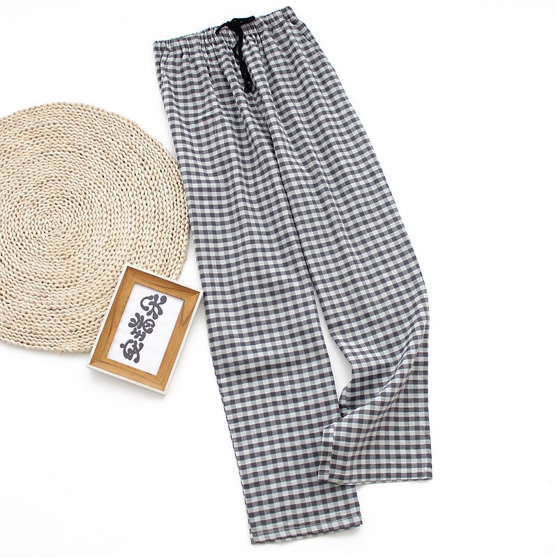 Pantalon confortable en gaze de coton pour hommes, couleur unie, taille élastique, ample, décontracté, avec poche, printemps été: plaid / XL