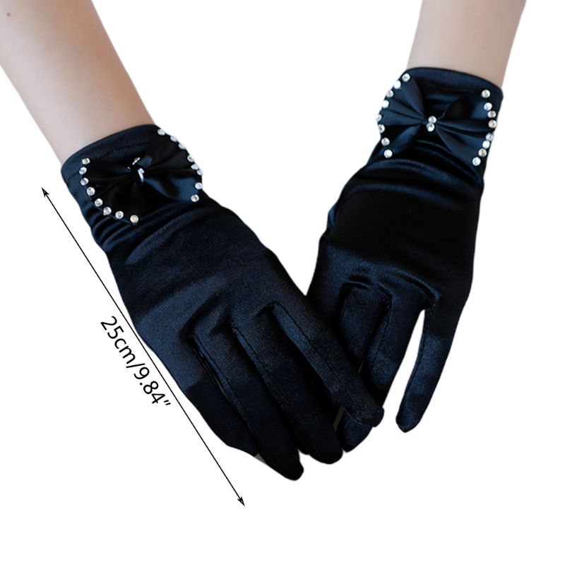 Gants de mariage courts en Satin Vintage, avec nœud papillon en strass, mitaine de fête à clapet des années 1920