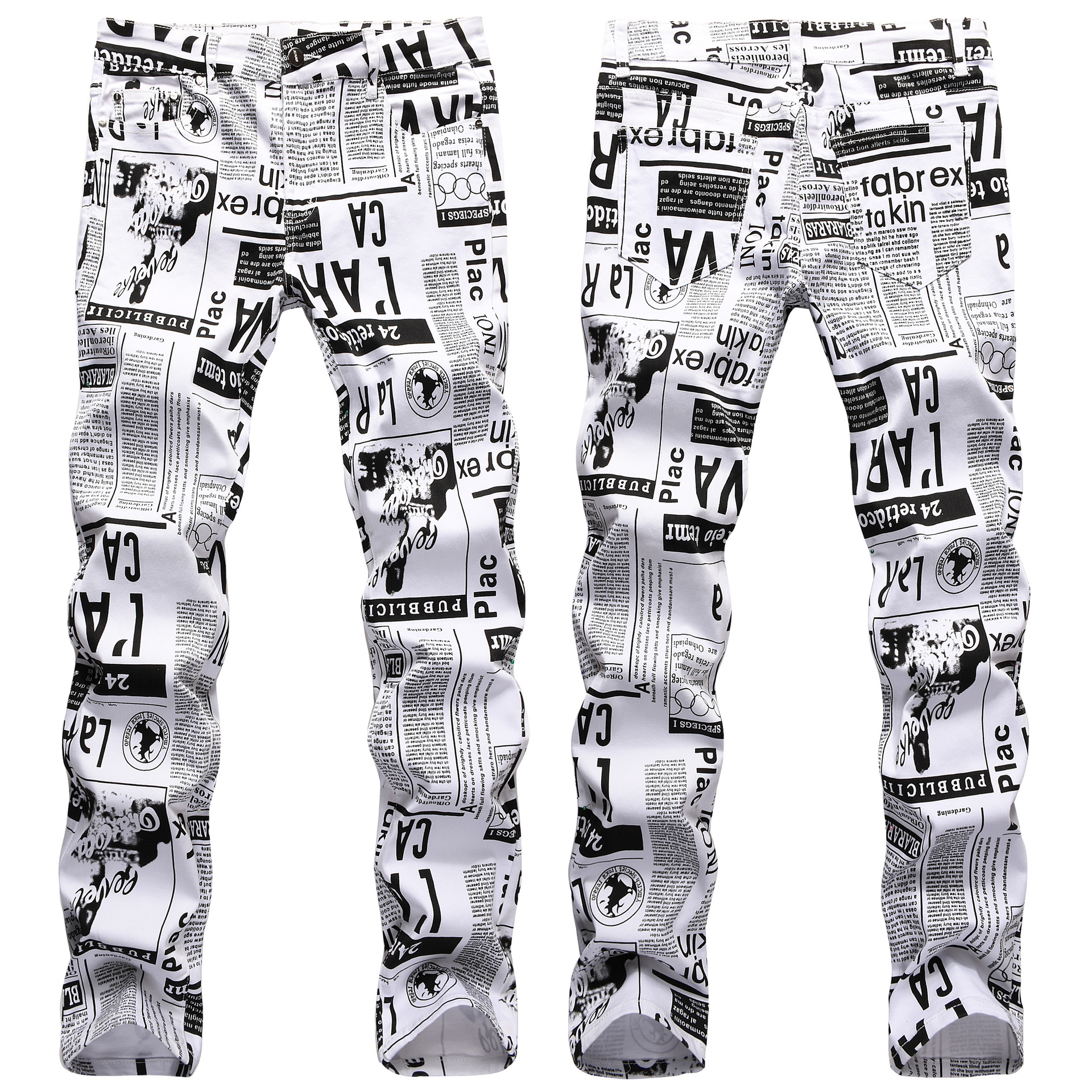 Men’s Street Prints Jeans,Slim-fit Stretch Denim Pants,Newspaper Painting Party Jeans,Cool Casual Jeans;: 34