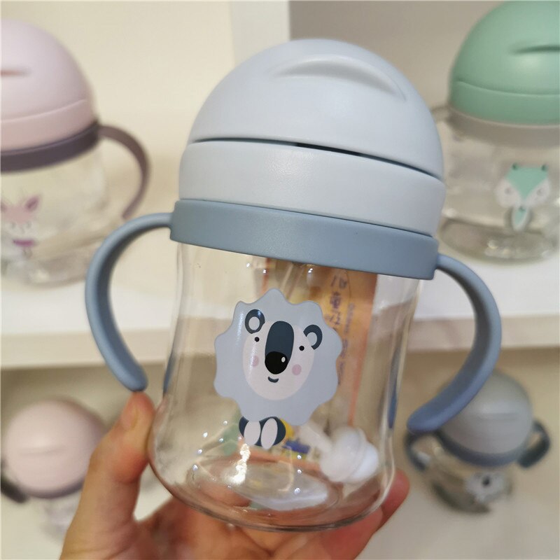Dessin animé mignon imprimer bébé biberon BPA gratuit bébé bouteille d'eau avec de la paille enfants apprendre à boire tasse 300ML