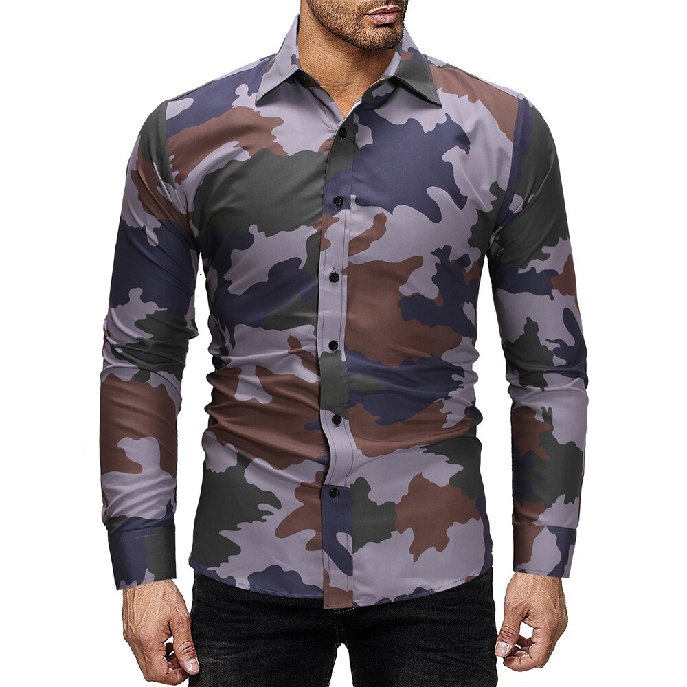 Efterår herre camouflage skjorter herre slim fit casual skjorte toppe mænd camo langærmet skjorte m -3xl: Grøn / M