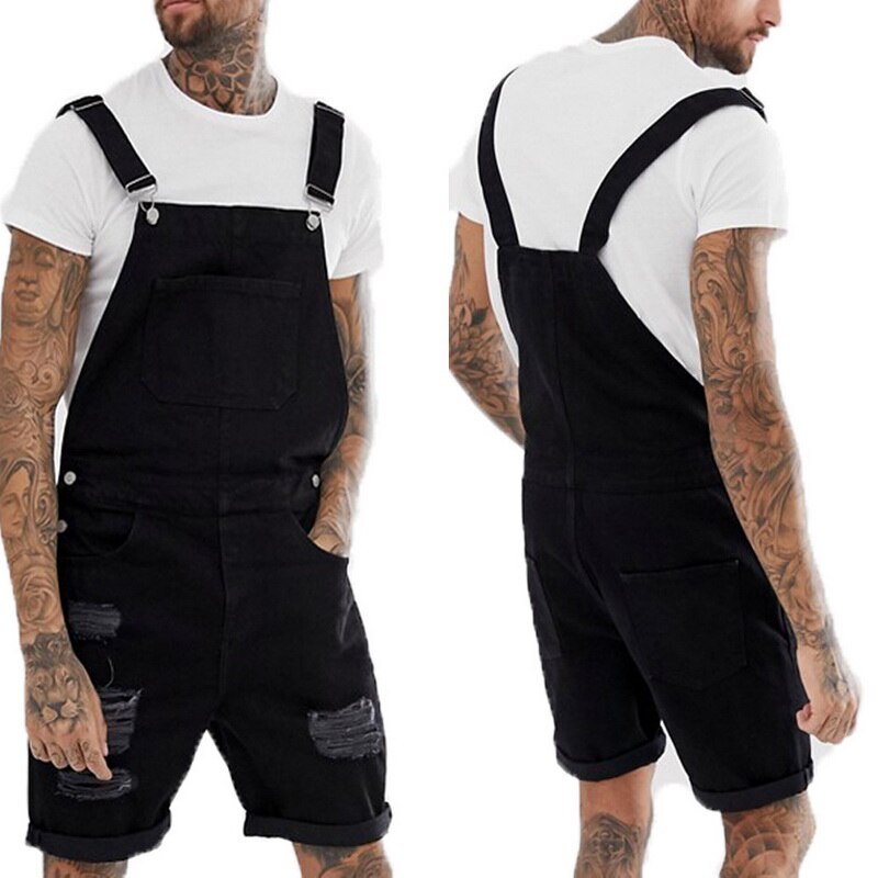 MoneRffi Summer Men Blue Black Short Jeans Overalls Hip Hop Ripped jeans Short jumpsuit Denim Suspender Pants