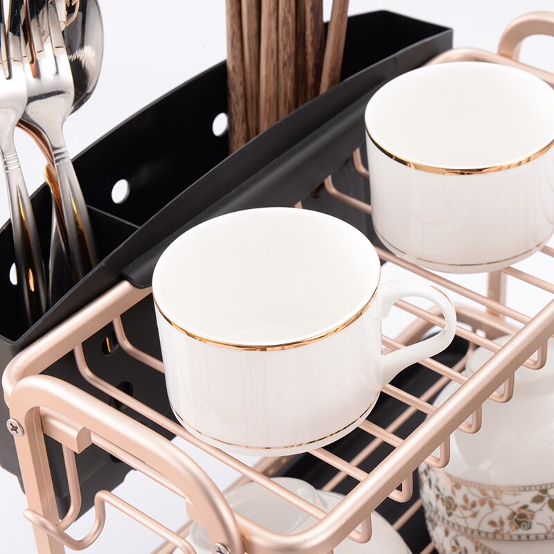 Champagne golden double-dish dish drain rack space aluminum put dishes chopsticks dishes cutlery storage kitchen racks LB61704