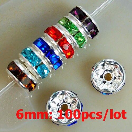 6mm 100 sztuk Metal srebrny Plated kryształ Rhinestone Rondelle koraliki dystansowe luzem koraliki dla DIY akcesoria do wyrobu biżuterii Supplie: Multi