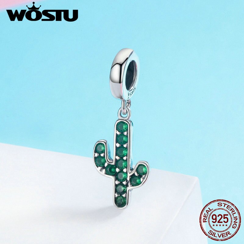 WOSTU 100% 925 Sterling Silver Forte Cactus Scintillante Verde DELLA CZ di Fascino Del Pendente adatti Delle Donne del Braccialetto di Fascino di Gioielli FAI DA TE FIC515