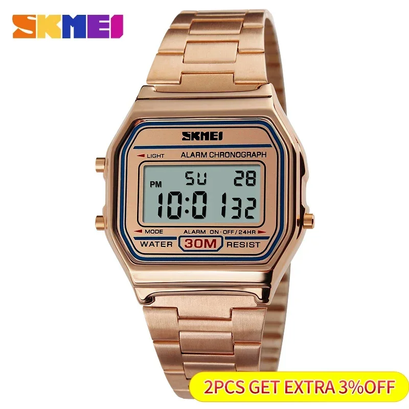 Skmei 3Bar montre numérique étanche Reloj Hombre pour Sport décontracté 1123 hommes bracelet en acier inoxydable montres d'affichage LED
