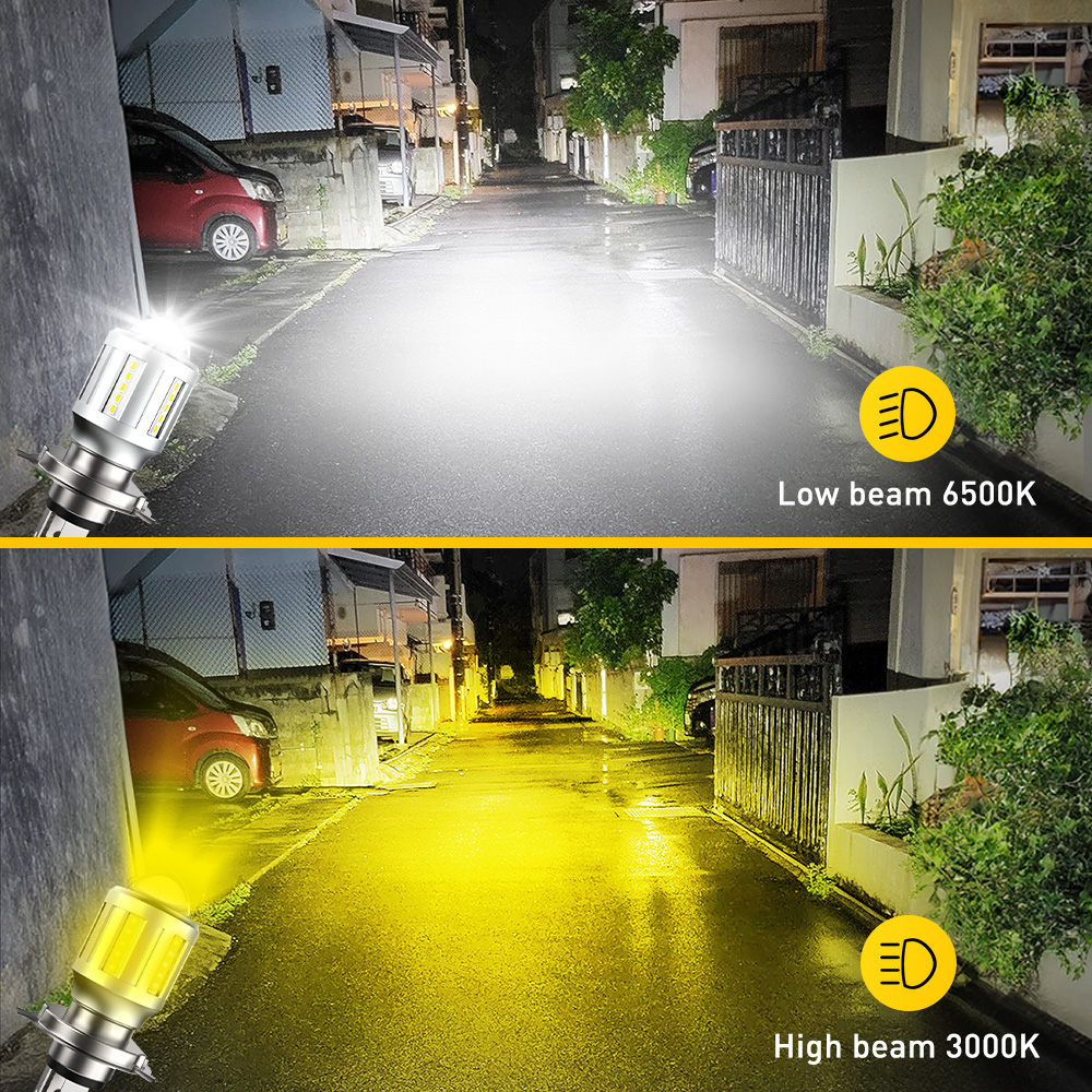 AUXITO 1Pcs H4 Motorcycle LED Headlight High/Low Beam Light Bulbs Lamp Motorbike With LENS Fanless Dual Color White Yellow 12V