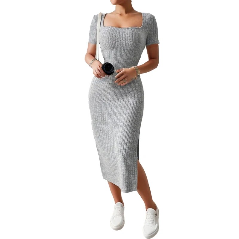 Robe d'été mi-longue à col carré, jupe moulante à la hanche, robe à manches courtes, fendue et polyvalente