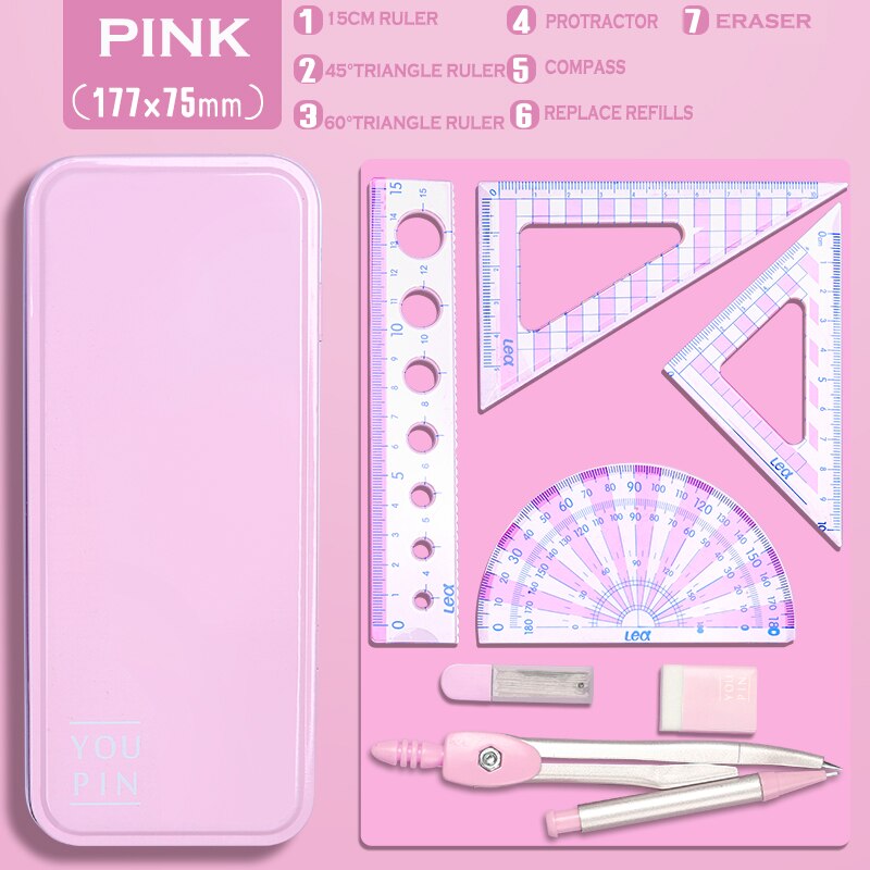 7Pcs/Set Ruler Compass with Metal box Geometry Maths Drawing Compass Stationery Rulers Mathematical compass for School