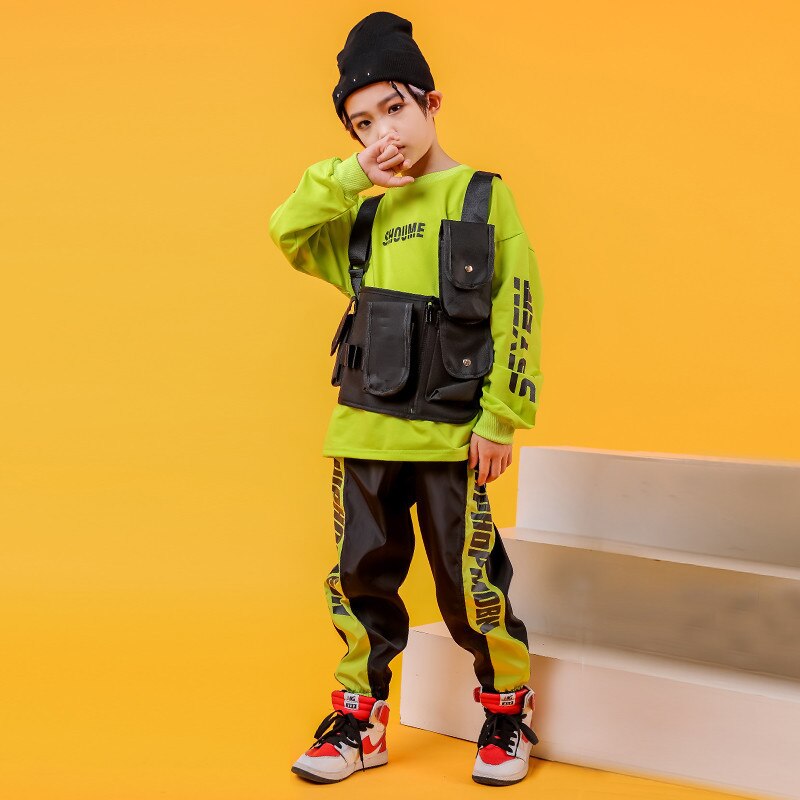 Hip Hop Dance Kostuums Kids Fluorescerend Groene Trui Broek Jazz Podium Dansen Slijtage Set Jongens Streetwear Tonen Kleding