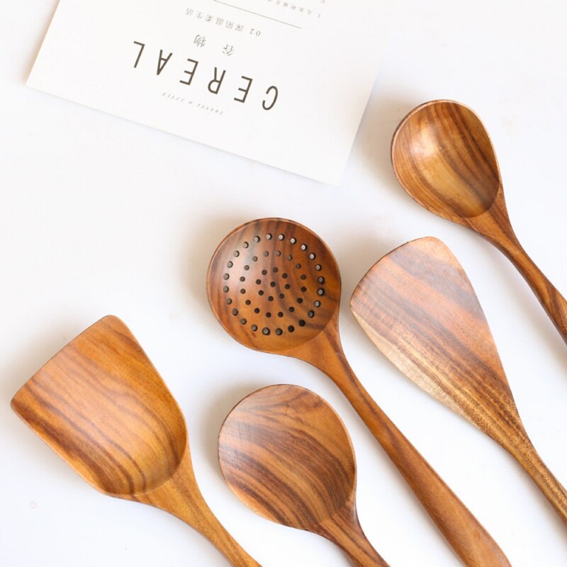 Utensilios de cocina de madera de Acacia sin pintar para el hogar, con asas largas, utensilios de cocina de madera maciza únicos, cucharas de sopa para restaurante