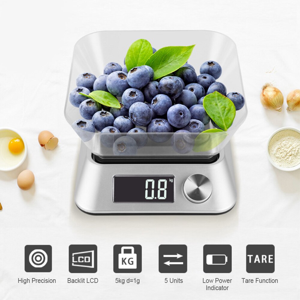 5kg/1g Food Scale with Bowl Digital Kitchen Scale LCD Backlight Electric Weighing Scale for Cooking Baking Food Weight Measuring