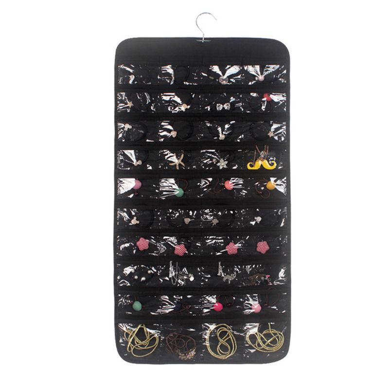 80 Pockets Double Sided Hanging Jewelry Display Organizer Storage Bag Non-woven Foldable Ring Necklace Bracelet Pouch: 7HH1107129-BK