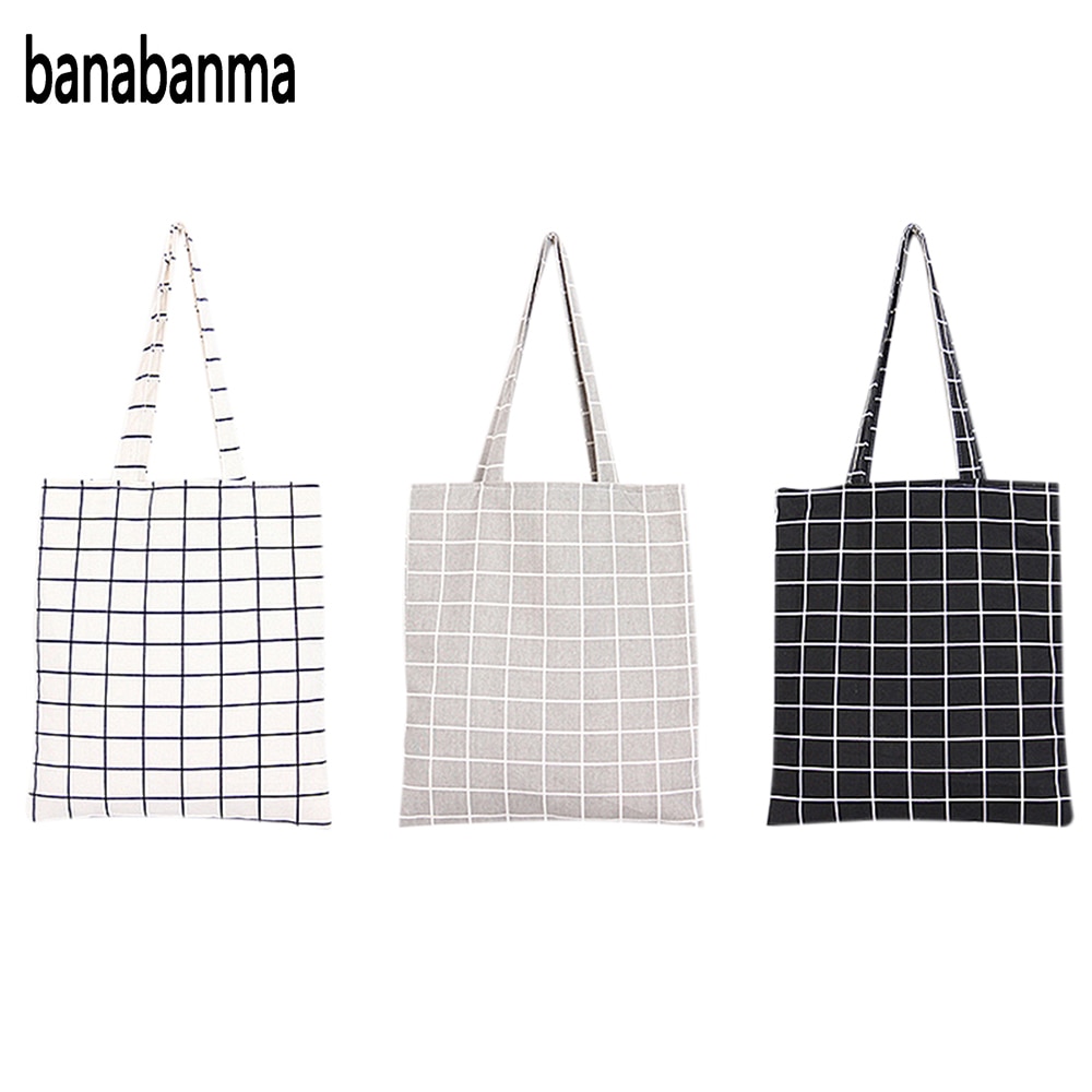 Banabanma Women Student Cotton Linen Plaid Shoulder Tote Handbag Eco Shopping Large Capacity Canvas Purse Pouch ZK25