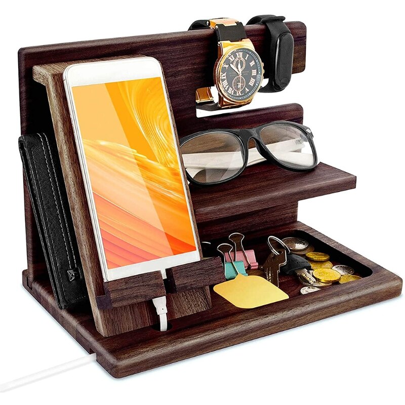 Wooden Phone Holder Docking Station Wallet Stand Watches Purse Glasses Key Desk Display Organizer Bedside Nightstand