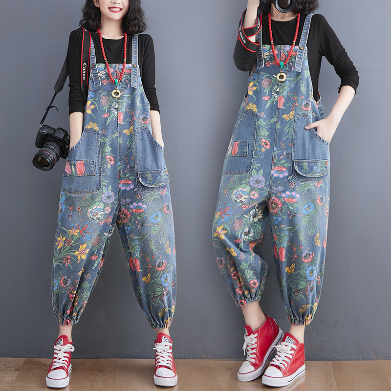Streetwear-tryck blommiga denimoveraller för kvinnor dungarees axelband baggy sparkbyxor lösa jeans med vida ben jumpsuit