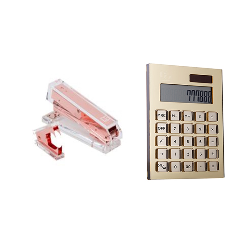 Juego de grapadora de oro rosa y removedor de grapas + Kit de calculadora de escritorio de energía solar
