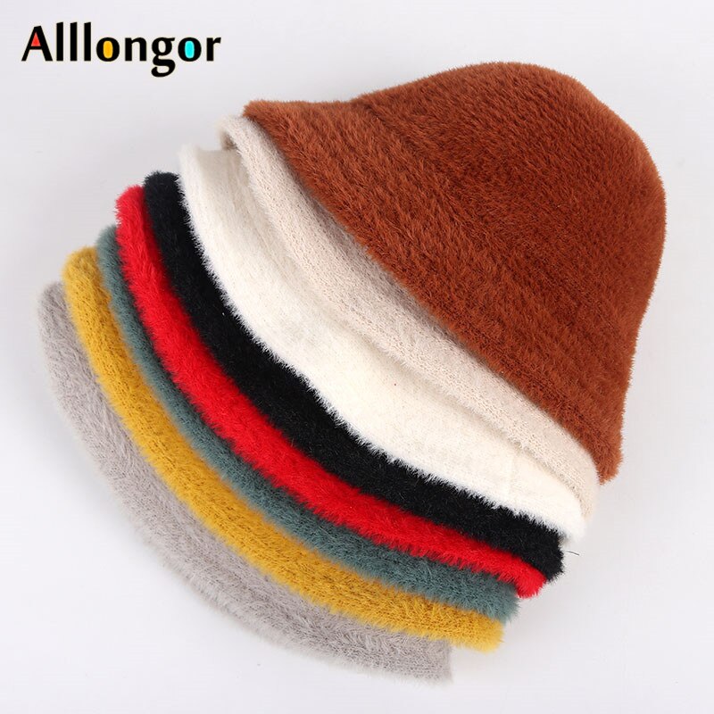 Winter Hat Women Bucket Hat Femme Autumn Warm Solid Casual Plush Faux Fur fishing cap Solid Wool fisherman&#39;s hats mujer