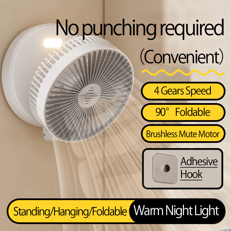 2024 Neuer Stil 5000 mAh kleiner tragbarer Ventilator, wiederaufladbarer Wandventilator 90 ° Faltbarer Tischventilator mit 4 Gängen und warmem Nachtlicht