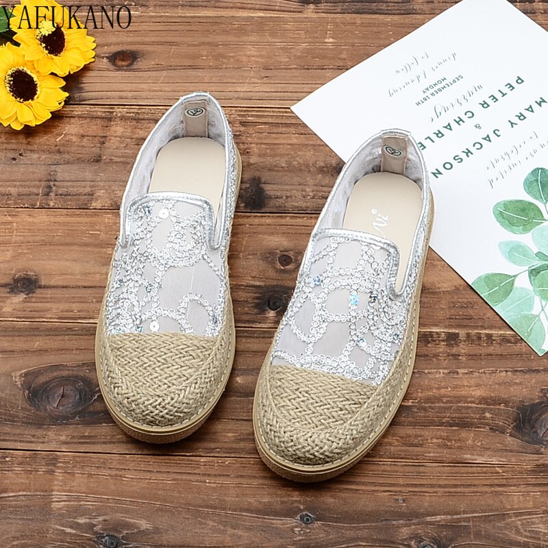 Mesh Sequins Fisherman Shoes Flat Womens Shoes Mori Girl Hemp Straw Weave Casual Sandals Literary Retro Breathable Comfort Flats