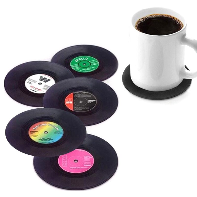 Useber 6 Pcs / Set Vinyl Round Disc Coaster Retro CD Shape Non-slip Insulation Tableware Mats Home Restaurant Bar Be Applicable