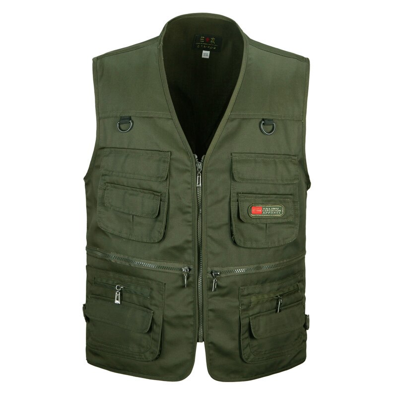 4 kleuren Mannelijke Casual Multi Pocket Vest Voor de Zomer Mannen Effen Fotograaf Schieten Bovenkleding Rits Vest Mouwloze Jas: Army Green Vest / XXL