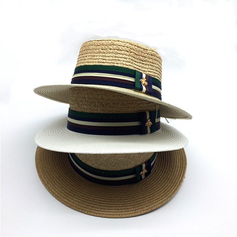 Meisjes Natuurlijke Raffia Floppy Strooien Hoed Gestreepte Band Platte Rand Zomer Schipperhoed Vrouwen Raffia Schipper Strand Strooien Hoed