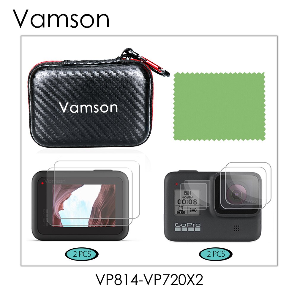 Vamson tilbehørssæt til gopro hero 8 sort bundt inkluderer sort bæretaske+skærmbeskytter i hærdet glas  vp814: Vp814-vp720 x 2