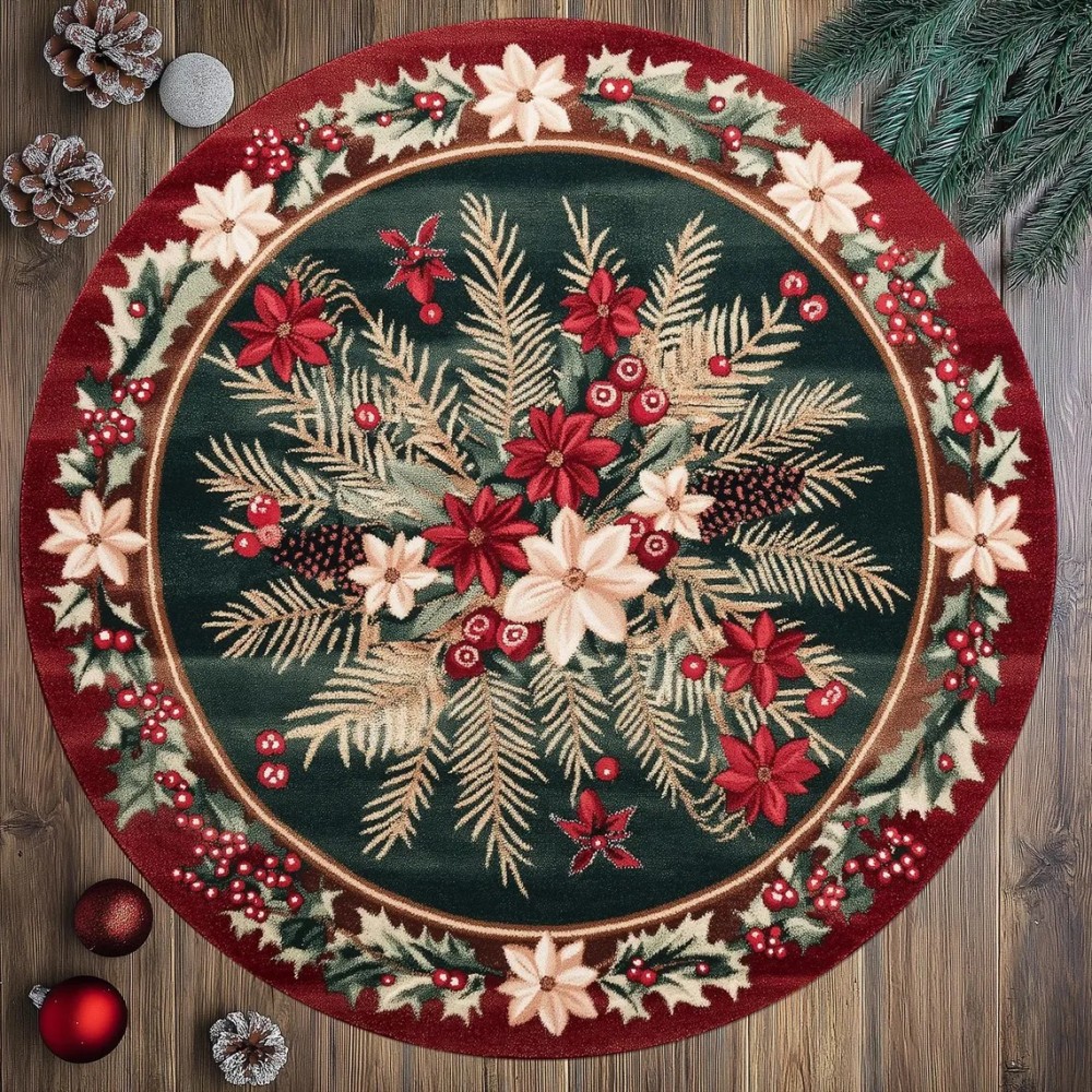 Kerst poinsettia bloemen vloerkleed antislip wasbaar rond tapijt voor slaapkamer woonkamer rond vloerkleed decoratie vloermat: 4570cm / Bordeauxrood