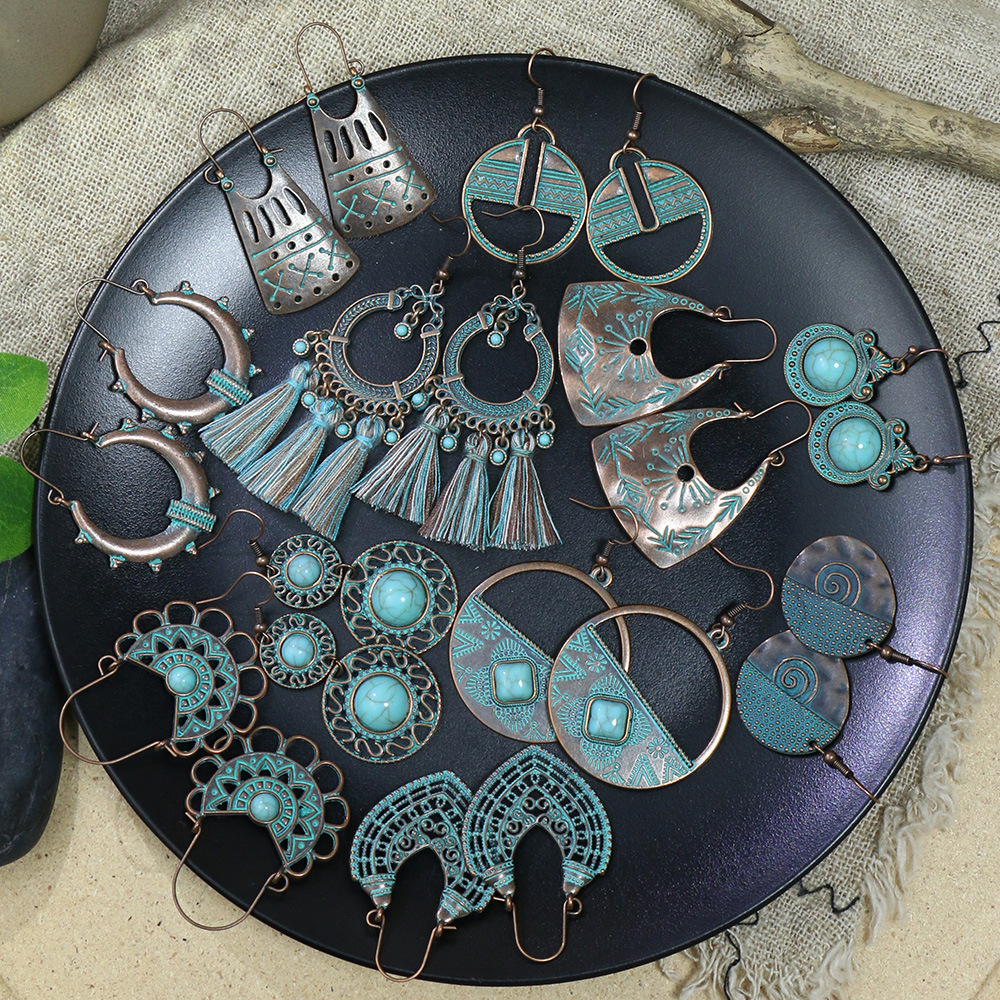 Pendientes bohemios étnicos Vintage de Color bronce para mujer, aretes colgantes geométricos de flor tallada en piedra azul clásica, joyería Jhumka