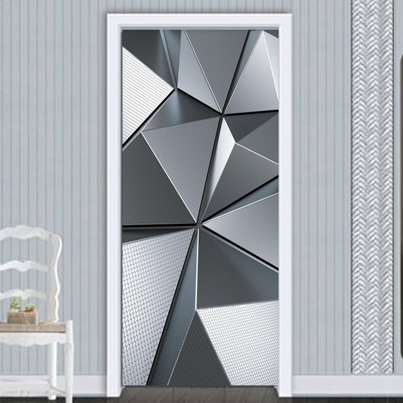 3D Door Murals Wallpaper Modern Geometric Imitation Metal Texture Door Sticker PVC Self-Adhesive Waterproof Door Poster 3D Decal