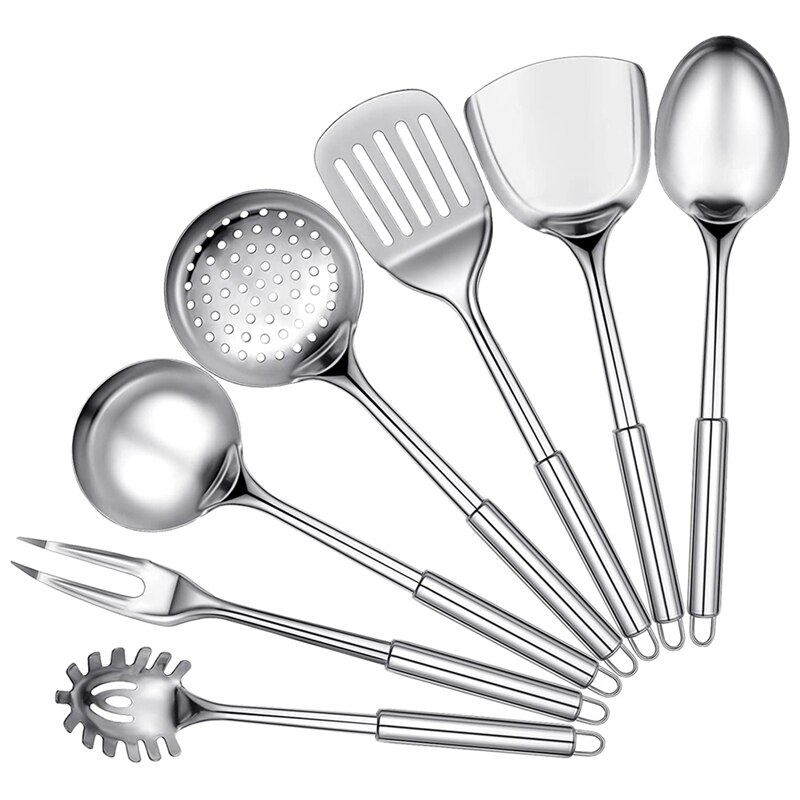 7 Pieces Stainless Steel Kitchen Utensils Set Cooking Utensils Set Includes Slotted Spoon Soup Ladle Serving Spoon Fork: Default Title